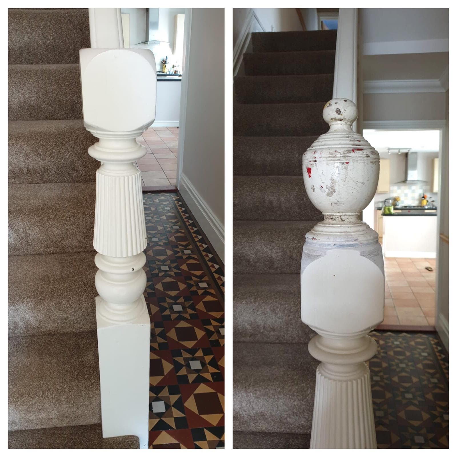 Staircase bannister restoration showing dramatic transformation